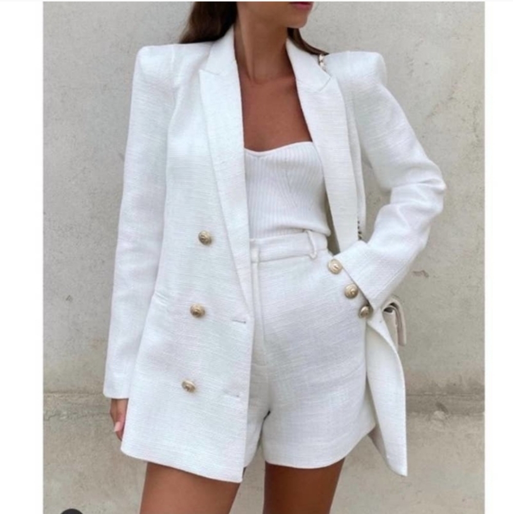 ZARA Tweed Textured Long Blazer White Chanel Style Size XS